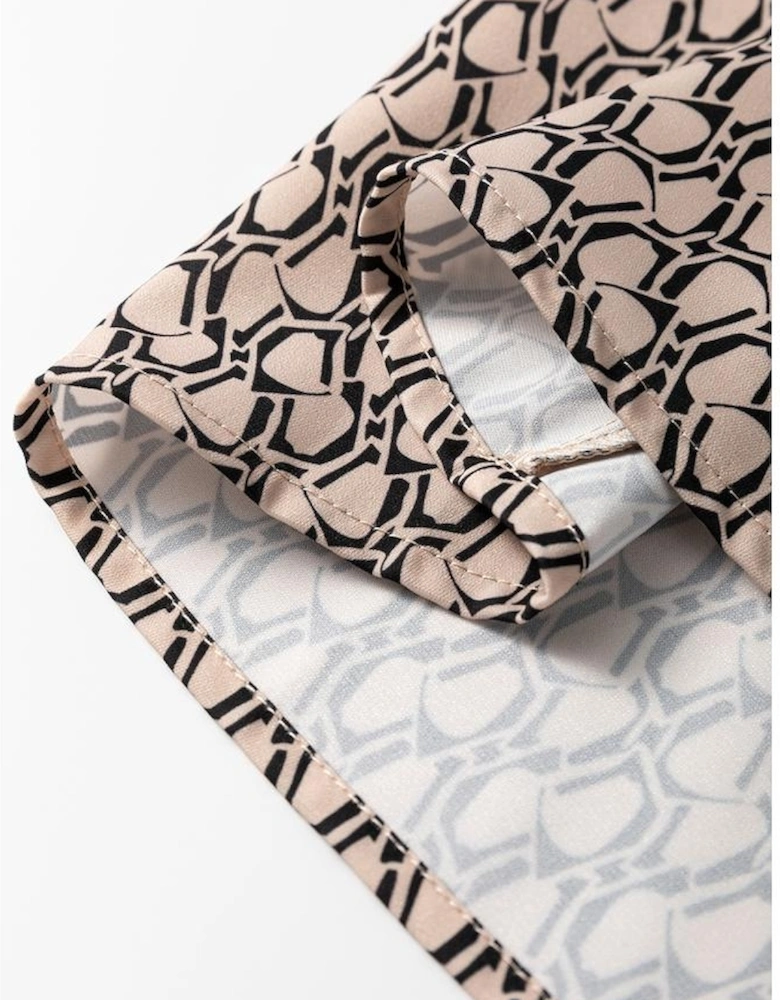 Khaki Geometric Print Notched Neck Puff Sleeve Blouse