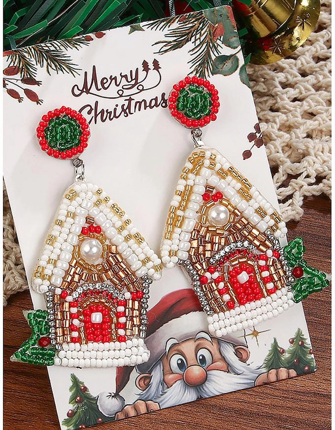 White Christmas Style House Beaded Stud Dangle Earrings