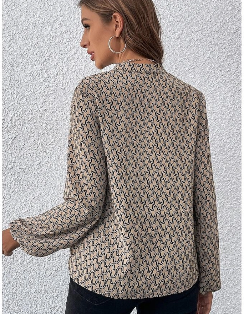 Khaki Geometric Print Notched Neck Puff Sleeve Blouse