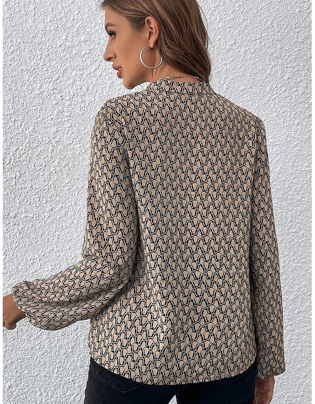 Khaki Geometric Print Notched Neck Puff Sleeve Blouse