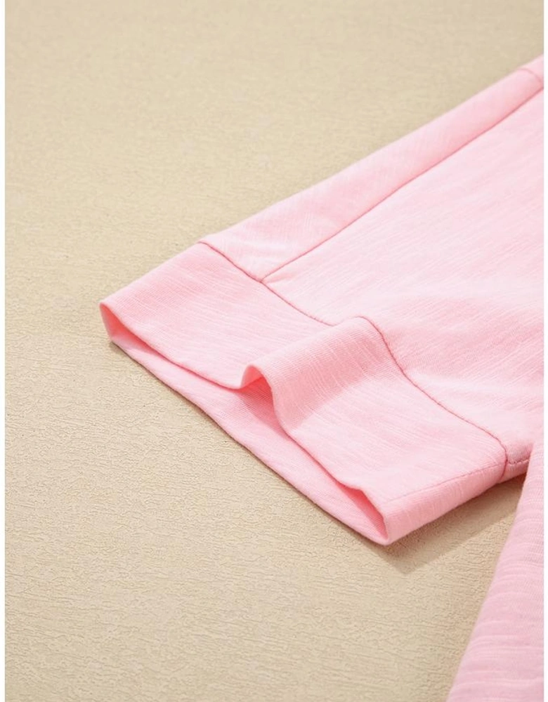 Pink Flower Patched Exposed Seam Bracelet Sleeve Oversized T Shirt