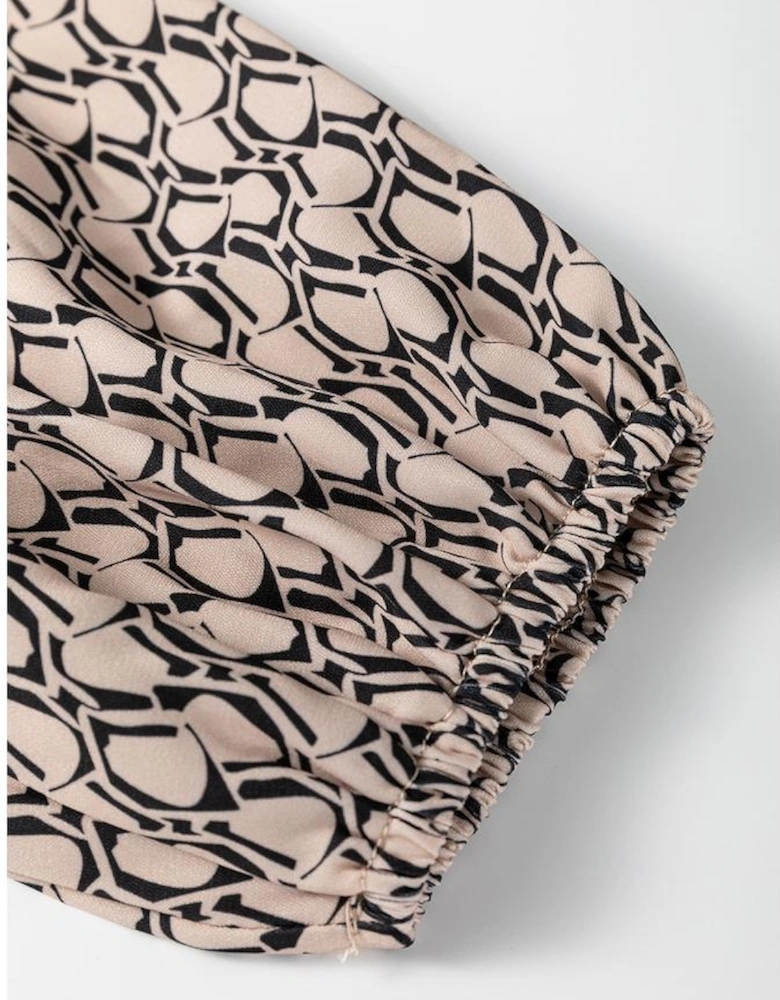 Khaki Geometric Print Notched Neck Puff Sleeve Blouse