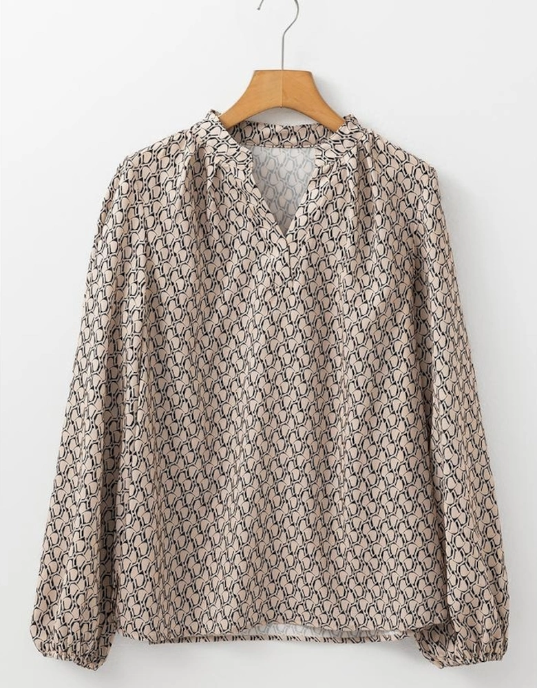 Khaki Geometric Print Notched Neck Puff Sleeve Blouse
