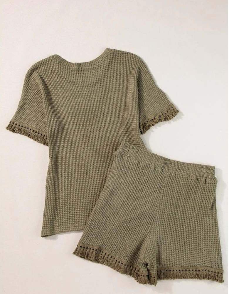 Laurel Green Fringe Trim Textured Short Two Piece Set