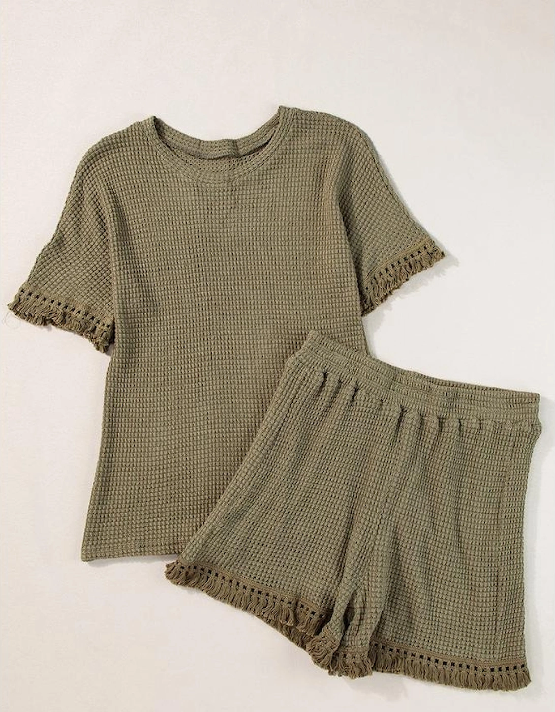 Laurel Green Fringe Trim Textured Short Two Piece Set, 10 of 9