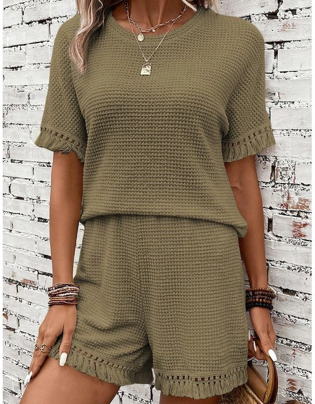 Laurel Green Fringe Trim Textured Short Two Piece Set