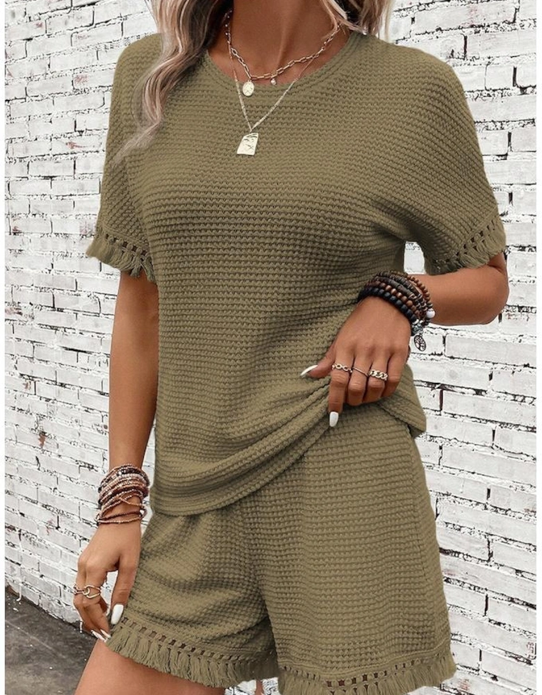 Laurel Green Fringe Trim Textured Short Two Piece Set