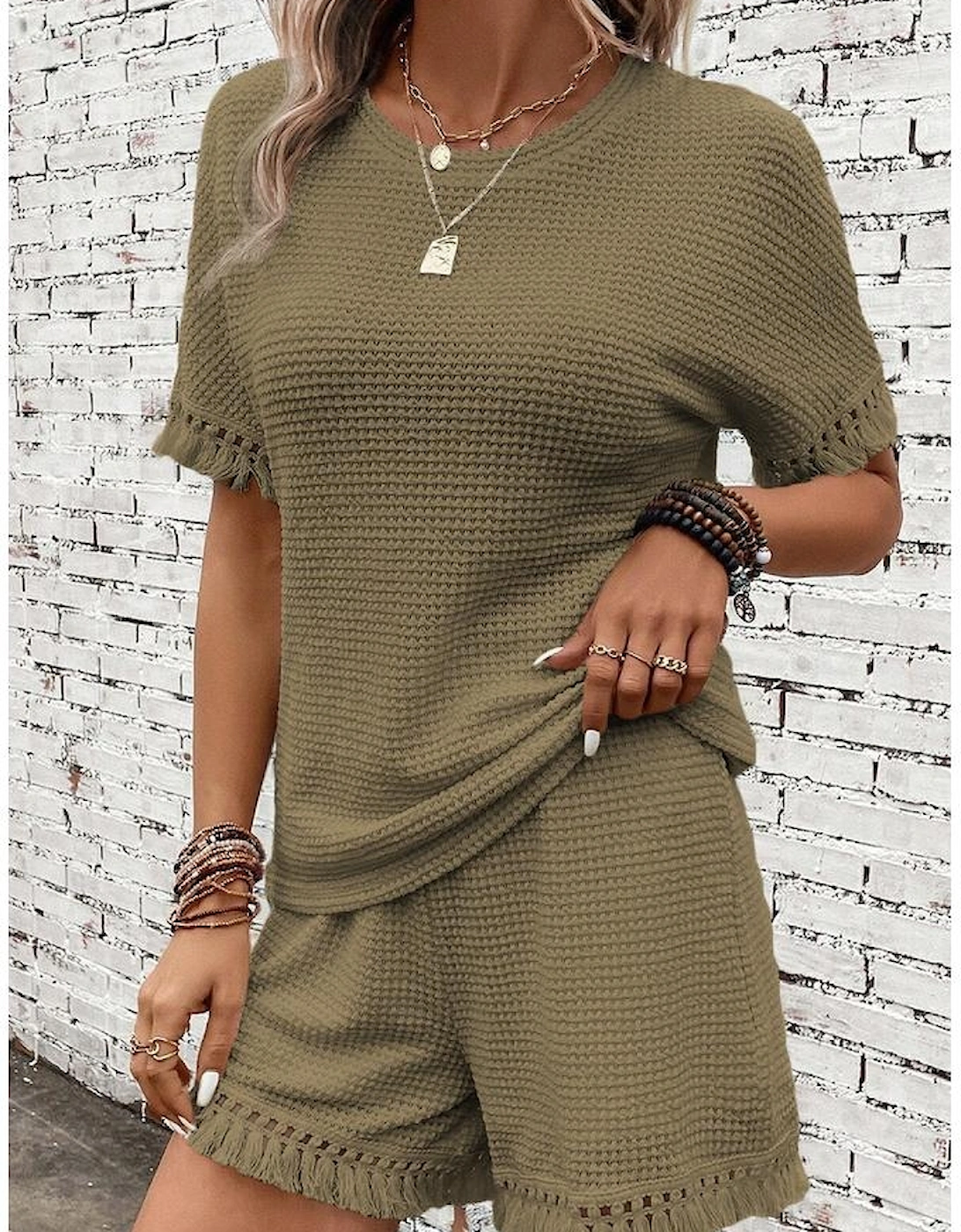 Laurel Green Fringe Trim Textured Short Two Piece Set