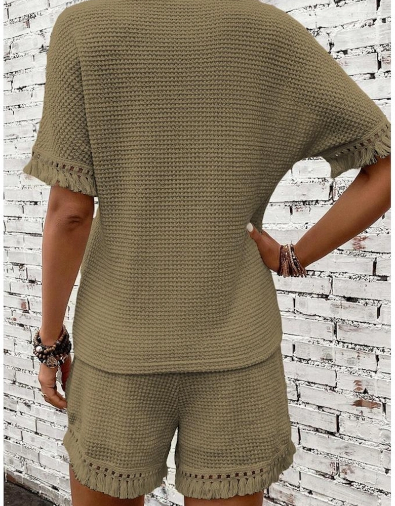 Laurel Green Fringe Trim Textured Short Two Piece Set