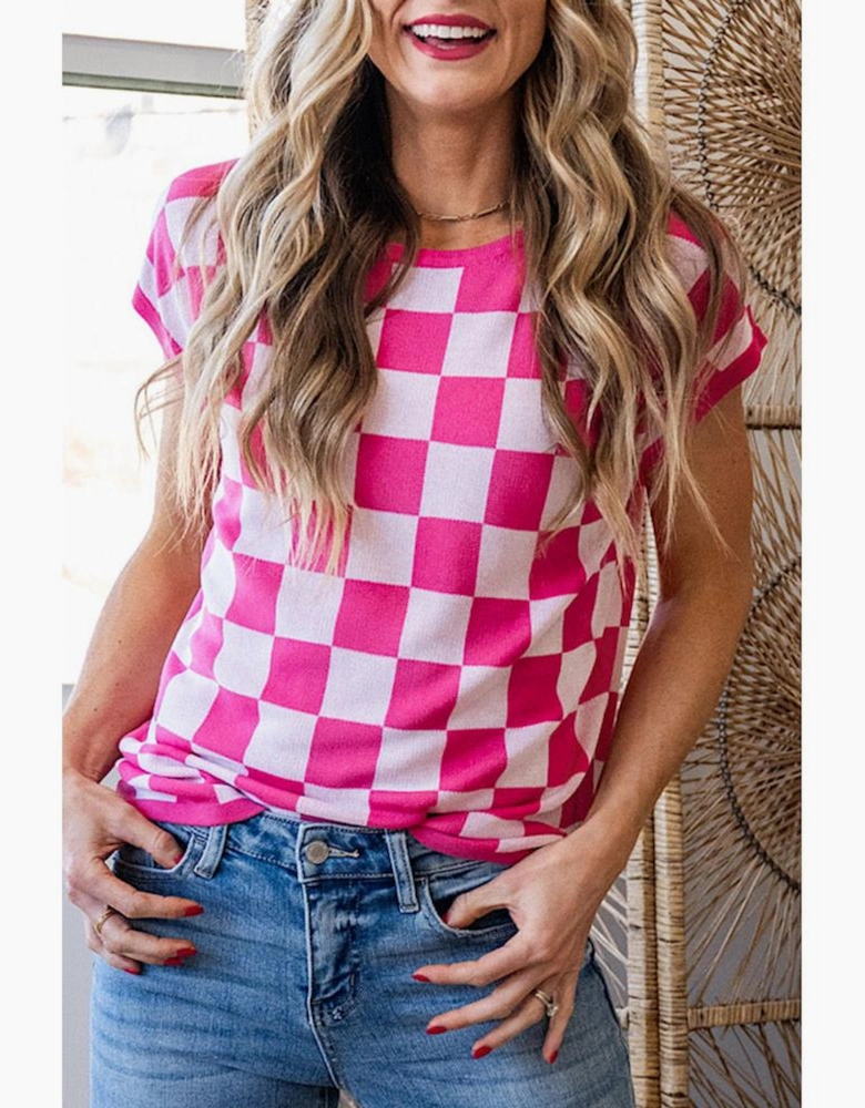 Rose Check Pattern Cap Sleeve Knitted Sweater