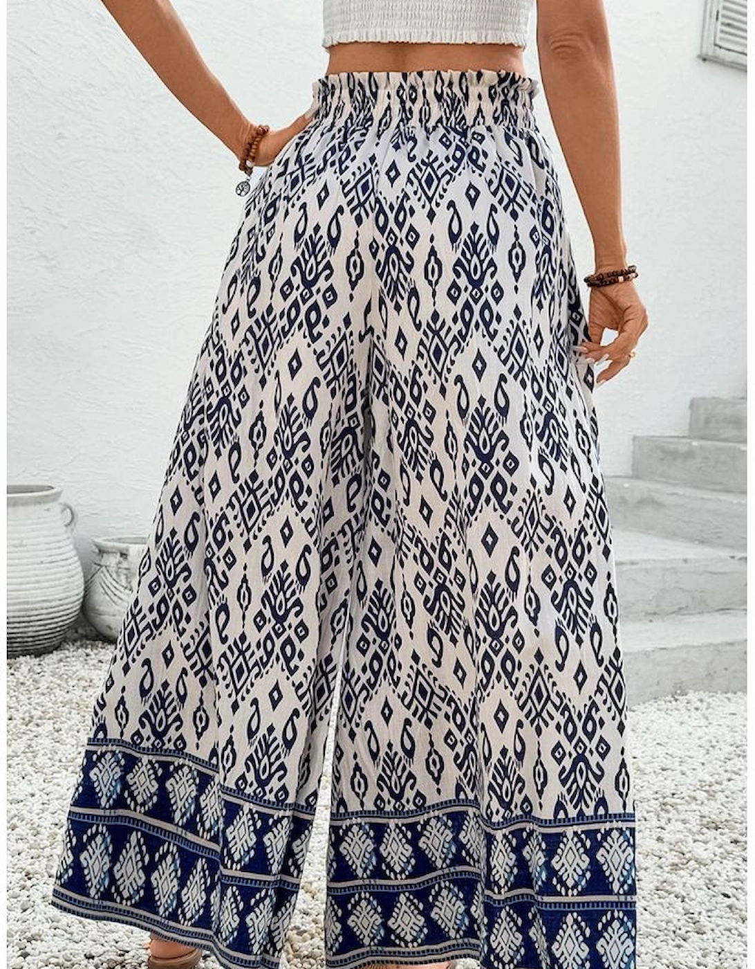 Blue Boho Pattern Print High Waist Wide Leg Loose Pants, 14 of 13