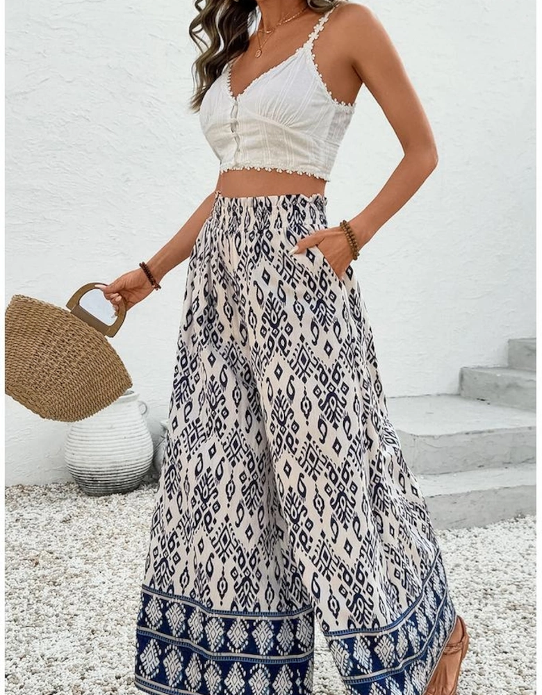 Blue Boho Pattern Print High Waist Wide Leg Loose Pants