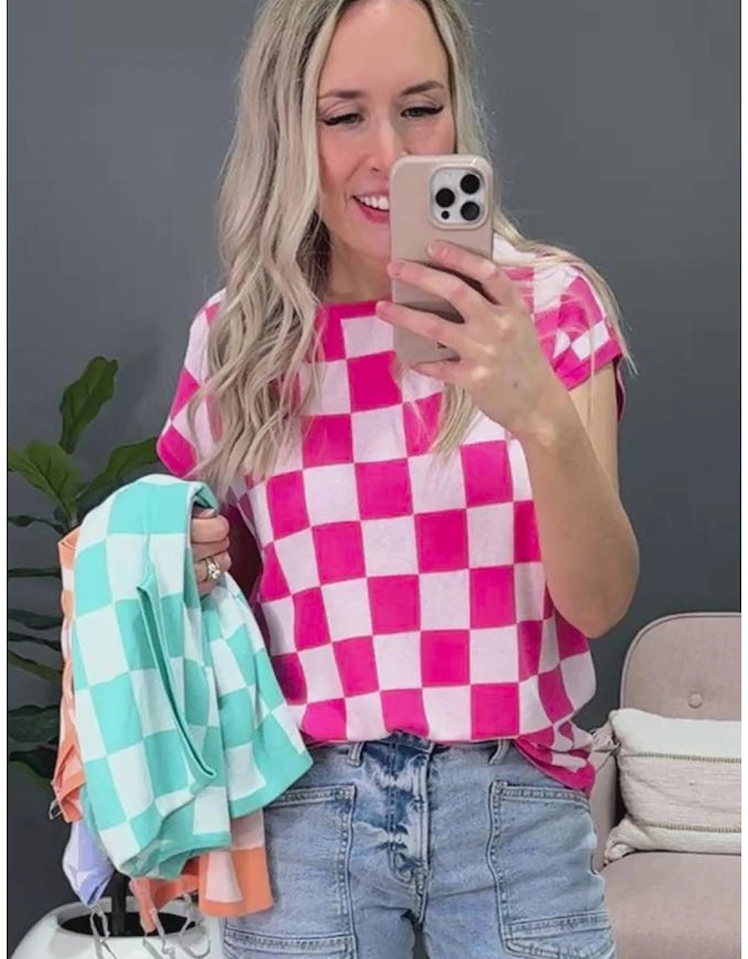 Rose Check Pattern Cap Sleeve Knitted Sweater