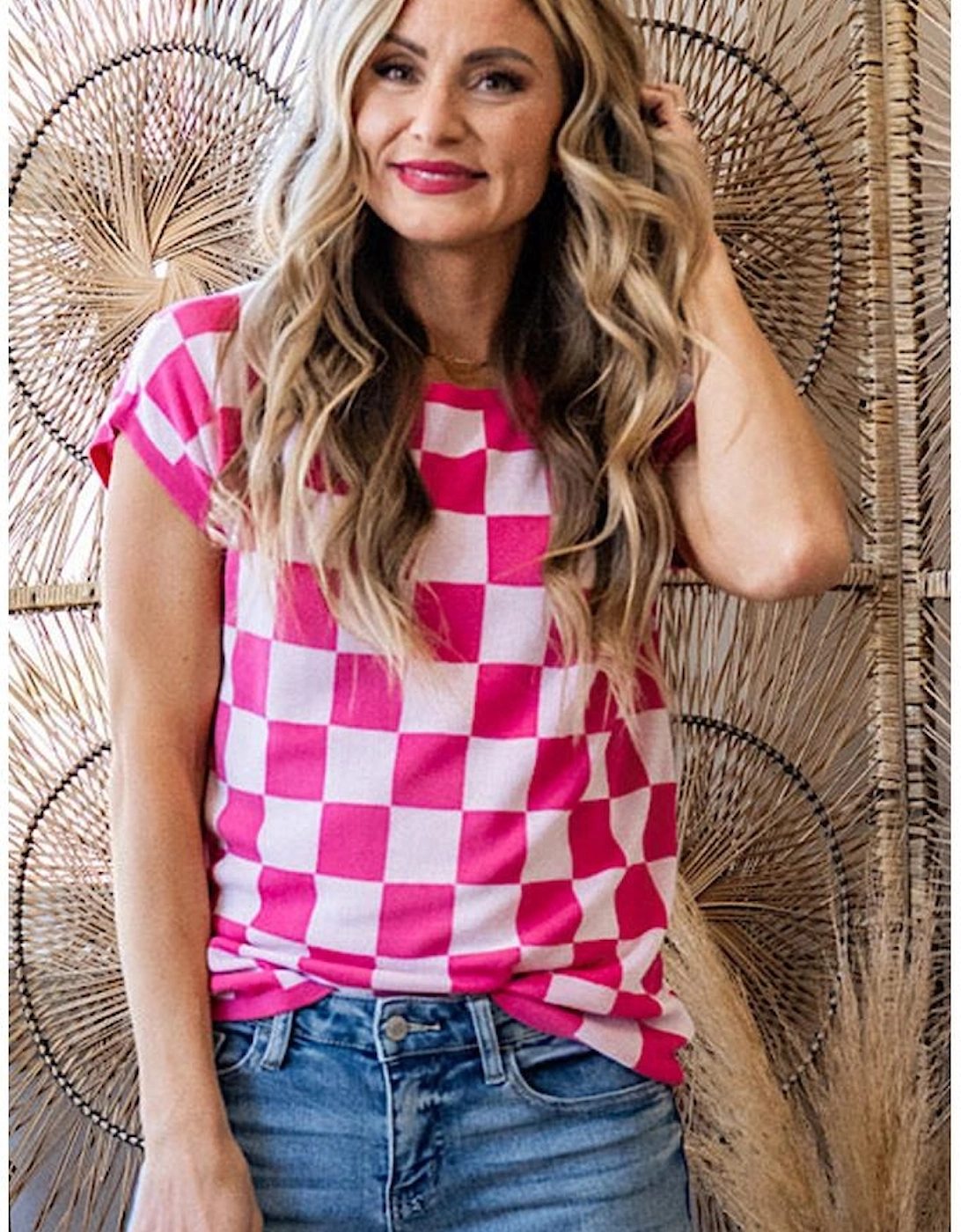 Rose Check Pattern Cap Sleeve Knitted Sweater