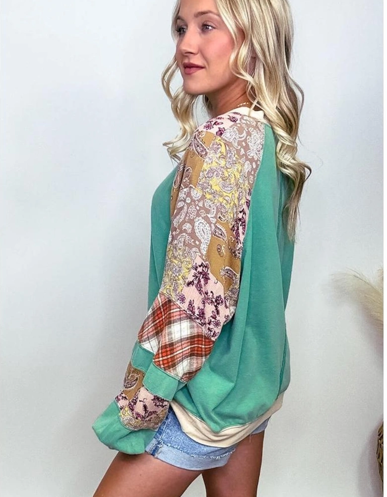Sky Blue Plus Size Plaid Floral Patchwork Raglan Sleeve Sweatshirt