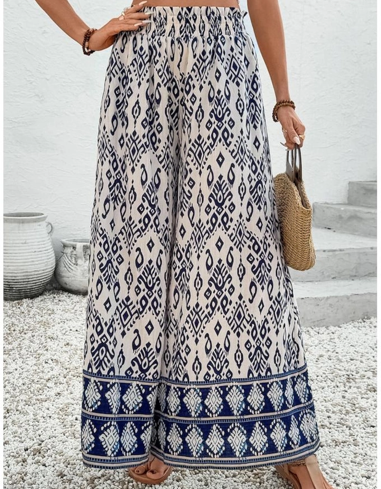 Blue Boho Pattern Print High Waist Wide Leg Loose Pants