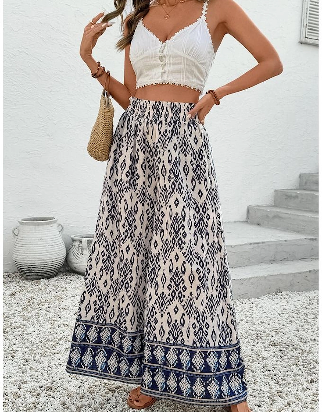 Blue Boho Pattern Print High Waist Wide Leg Loose Pants