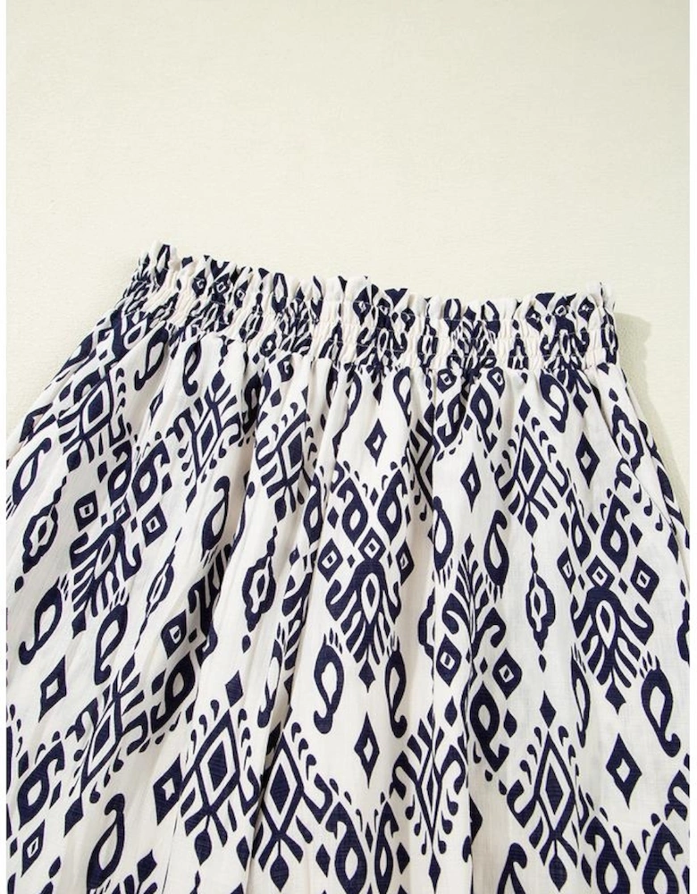 Blue Boho Pattern Print High Waist Wide Leg Loose Pants