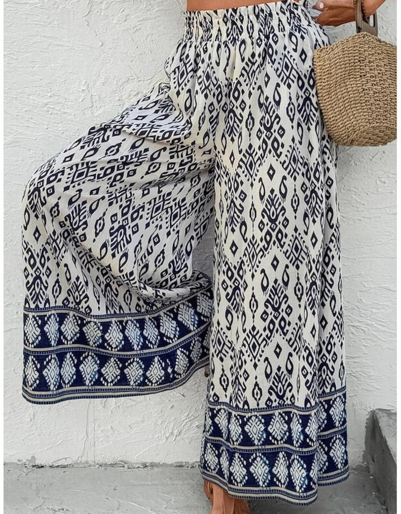 Blue Boho Pattern Print High Waist Wide Leg Loose Pants