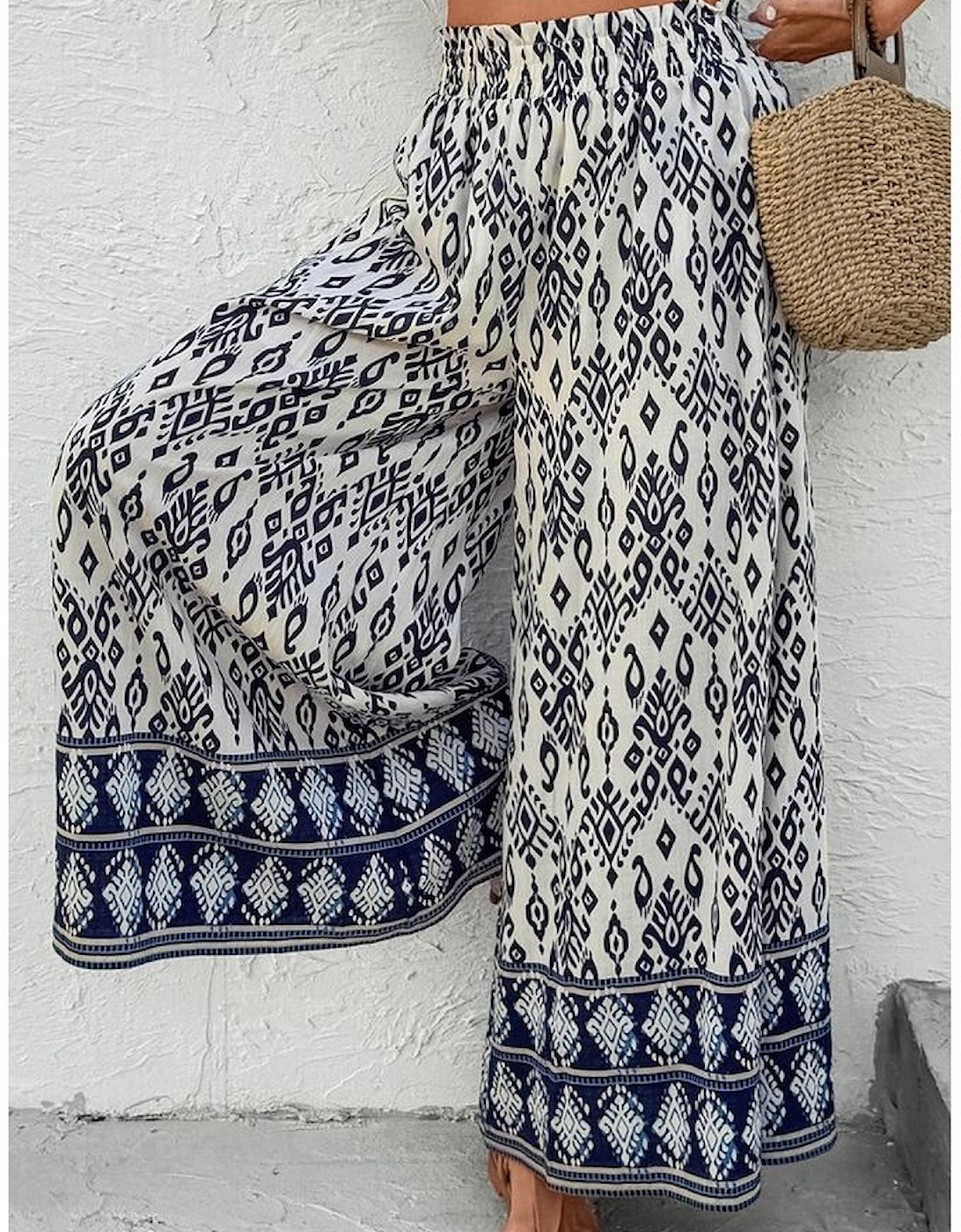 Blue Boho Pattern Print High Waist Wide Leg Loose Pants