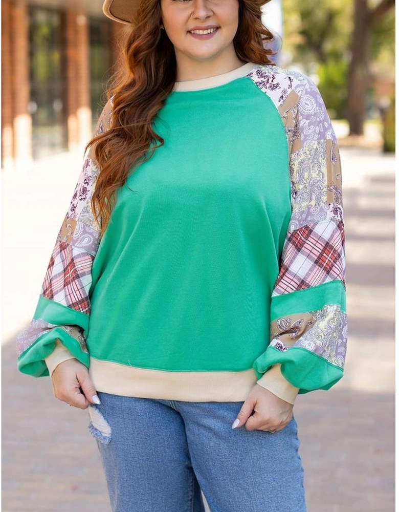 Sky Blue Plus Size Plaid Floral Patchwork Raglan Sleeve Sweatshirt
