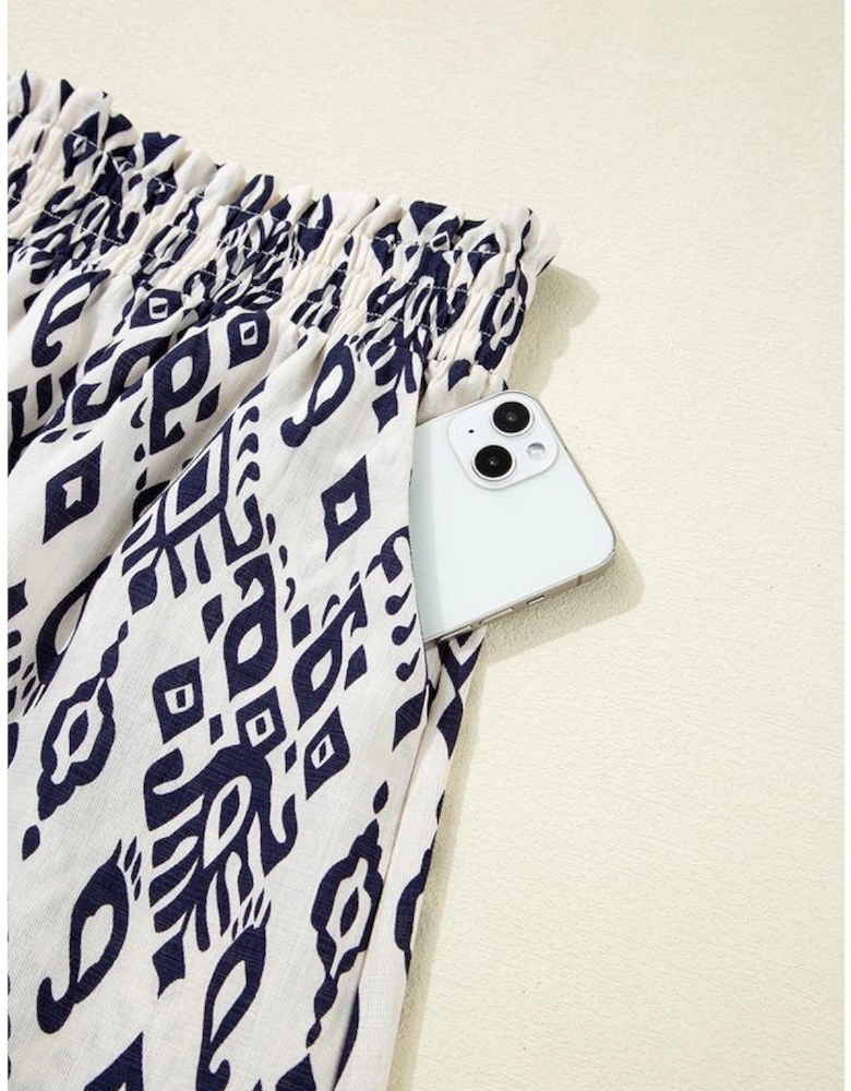 Blue Boho Pattern Print High Waist Wide Leg Loose Pants