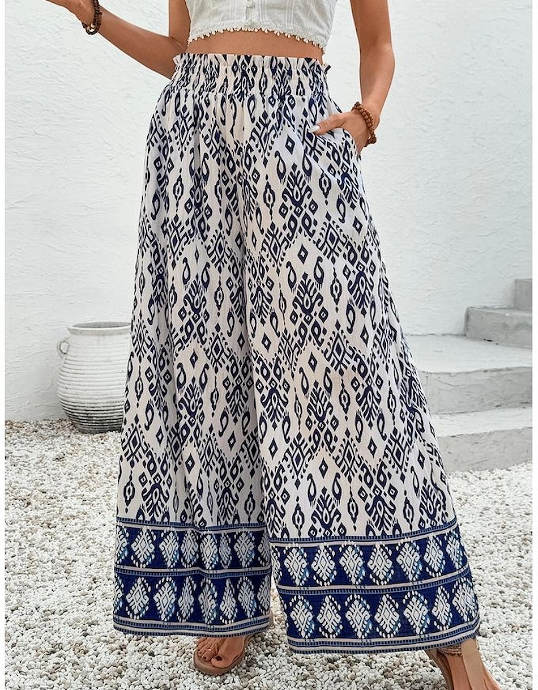 Blue Boho Pattern Print High Waist Wide Leg Loose Pants