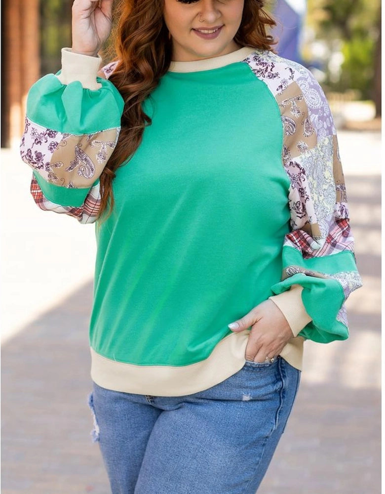 Sky Blue Plus Size Plaid Floral Patchwork Raglan Sleeve Sweatshirt