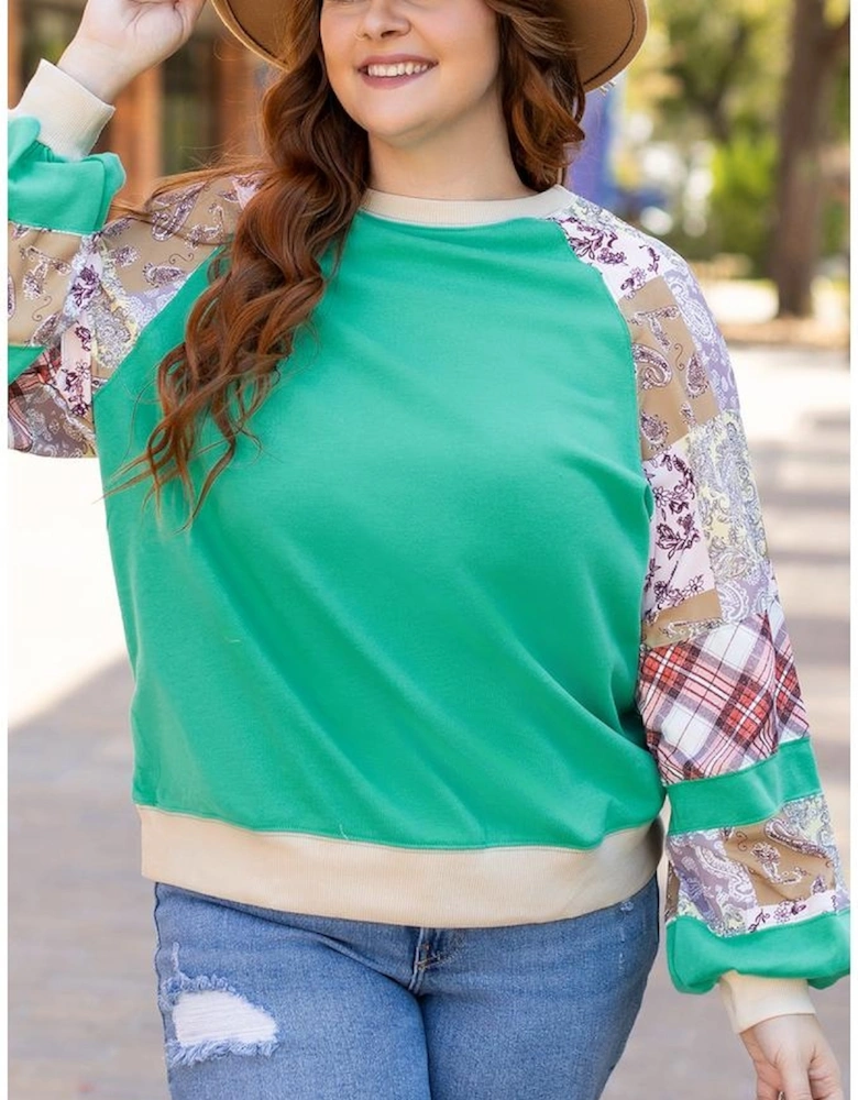 Sky Blue Plus Size Plaid Floral Patchwork Raglan Sleeve Sweatshirt