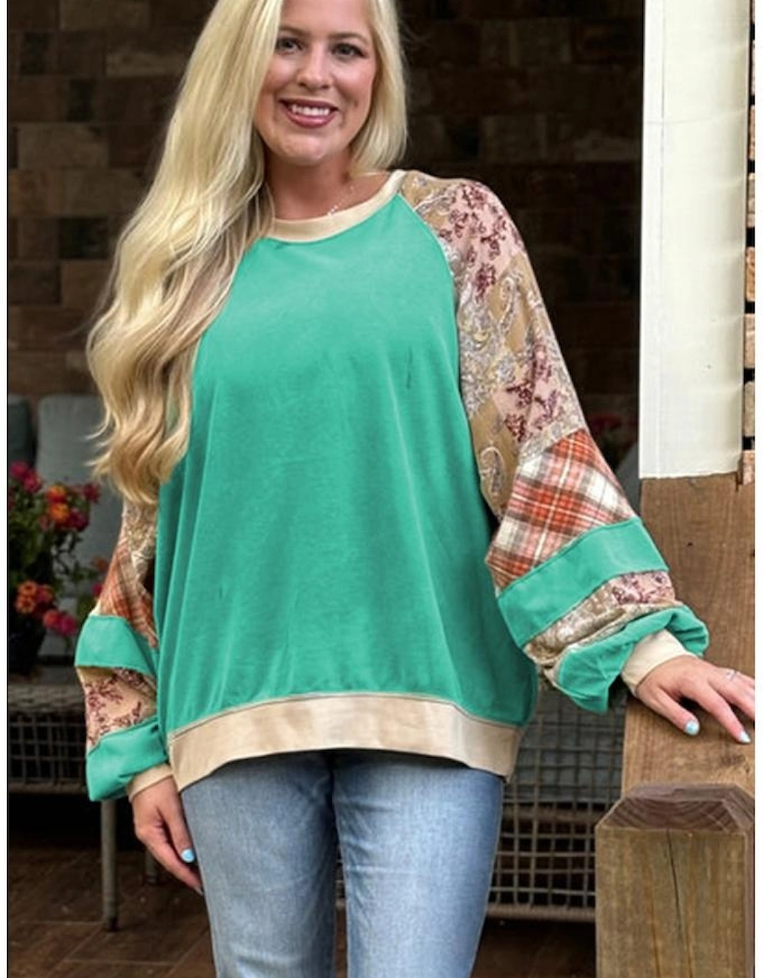 Sky Blue Plus Size Plaid Floral Patchwork Raglan Sleeve Sweatshirt