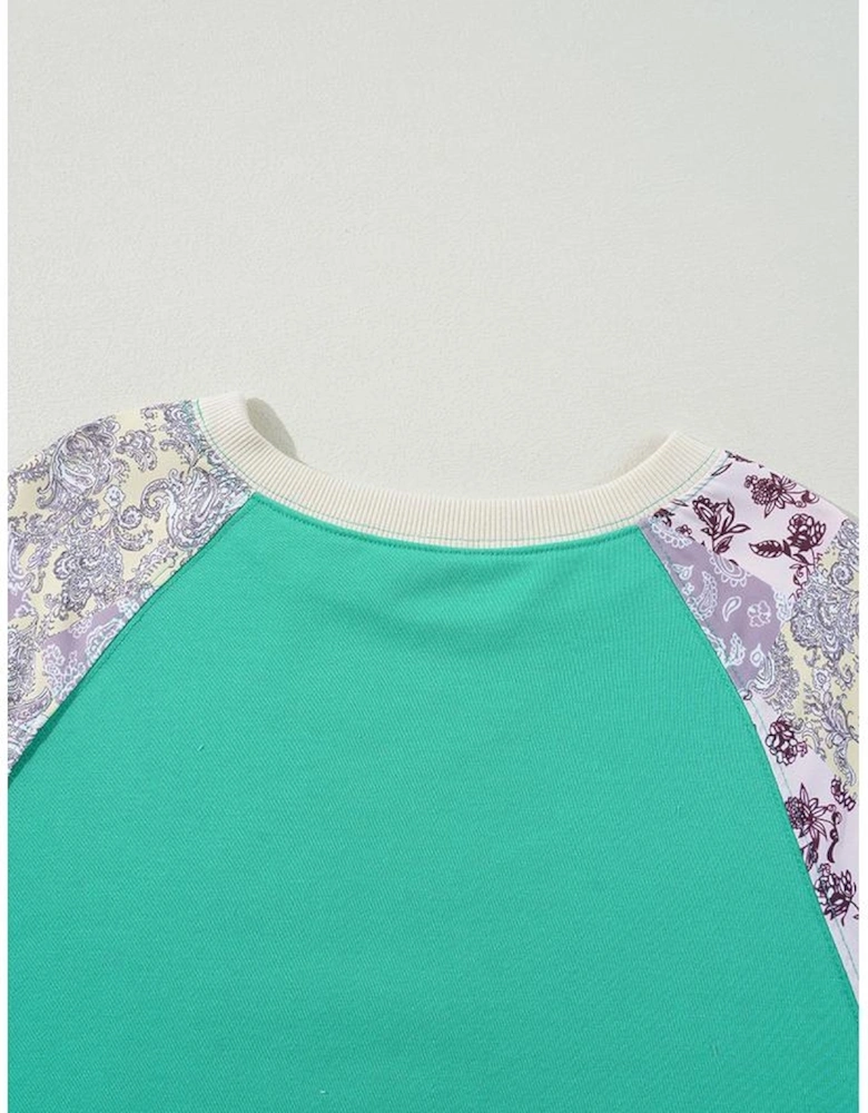 Sky Blue Plus Size Plaid Floral Patchwork Raglan Sleeve Sweatshirt