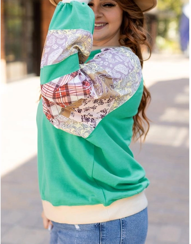 Sky Blue Plus Size Plaid Floral Patchwork Raglan Sleeve Sweatshirt