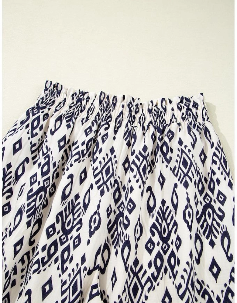 Blue Boho Pattern Print High Waist Wide Leg Loose Pants