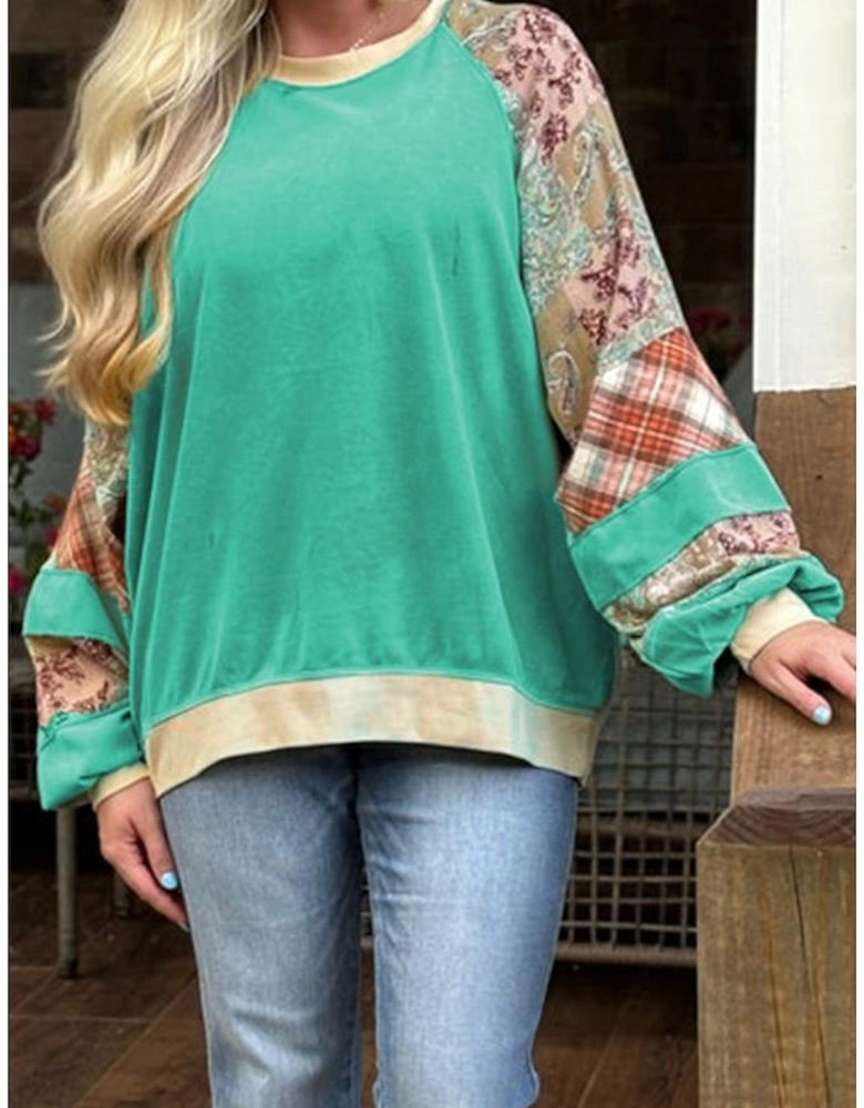 Sky Blue Plus Size Plaid Floral Patchwork Raglan Sleeve Sweatshirt