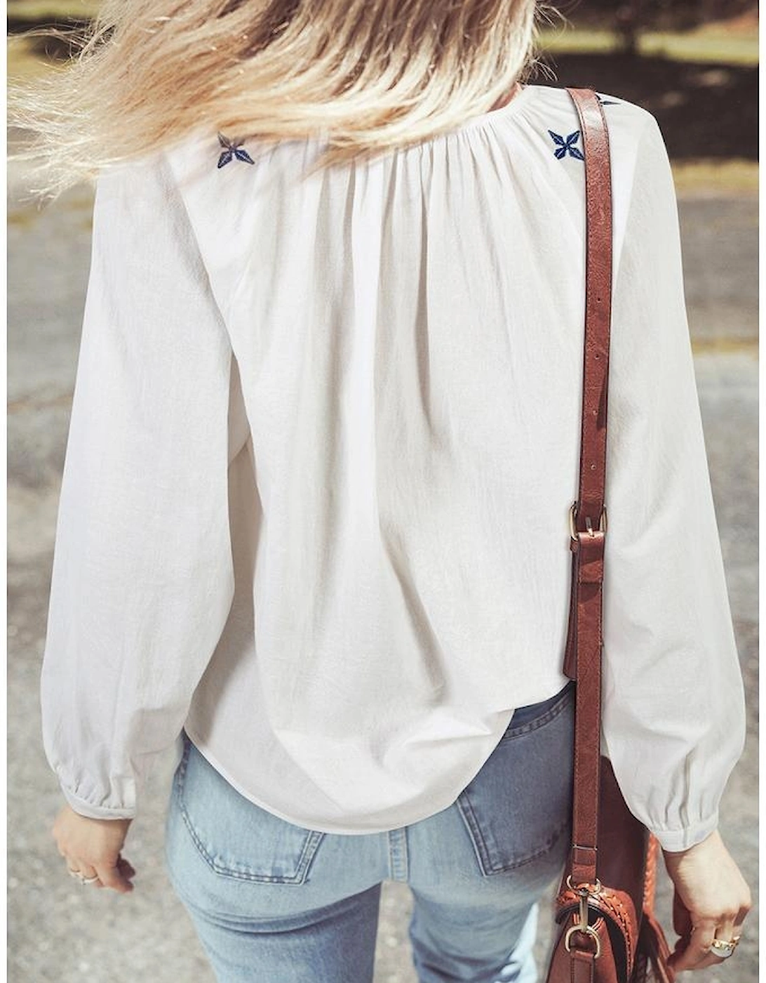 White Geometric Embroidered Long Sleeve Buttoned Blouse