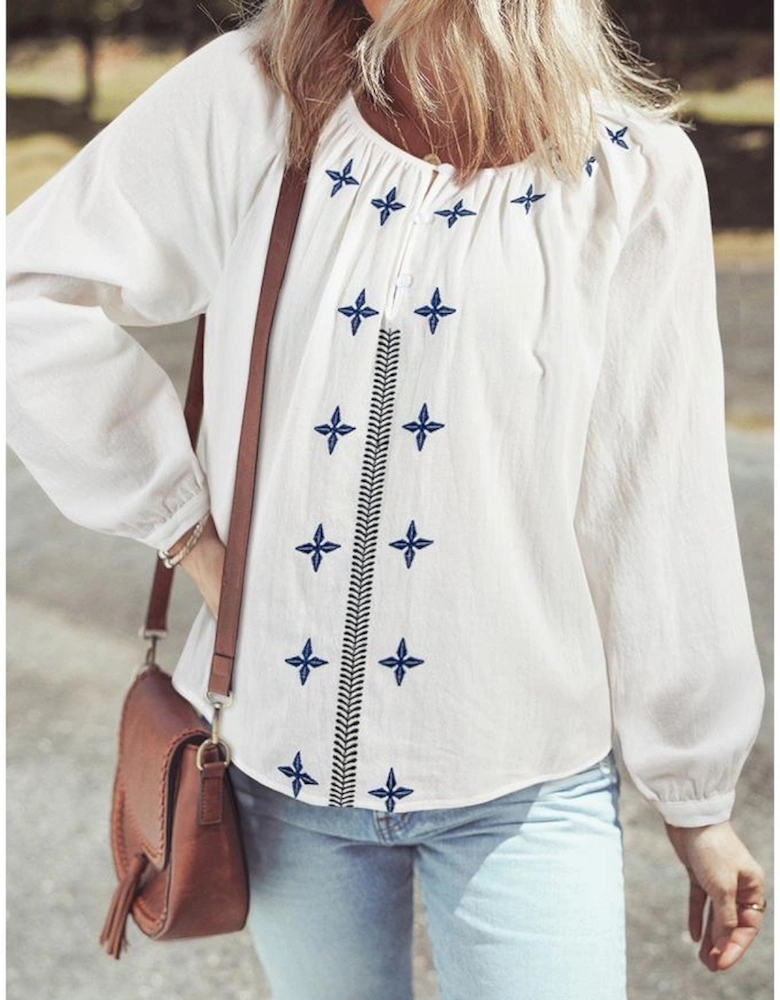 White Geometric Embroidered Long Sleeve Buttoned Blouse