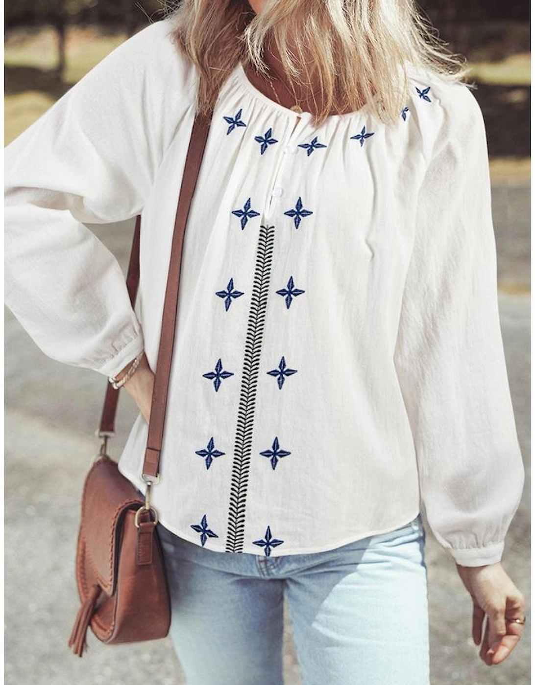 White Geometric Embroidered Long Sleeve Buttoned Blouse