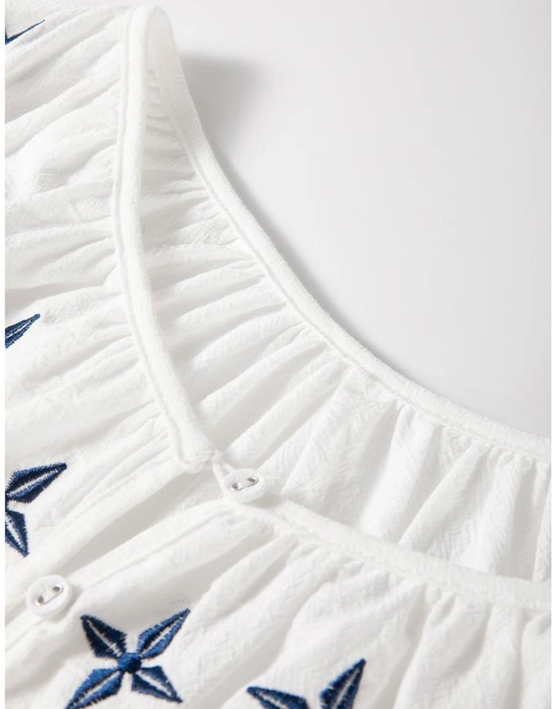 White Geometric Embroidered Long Sleeve Buttoned Blouse