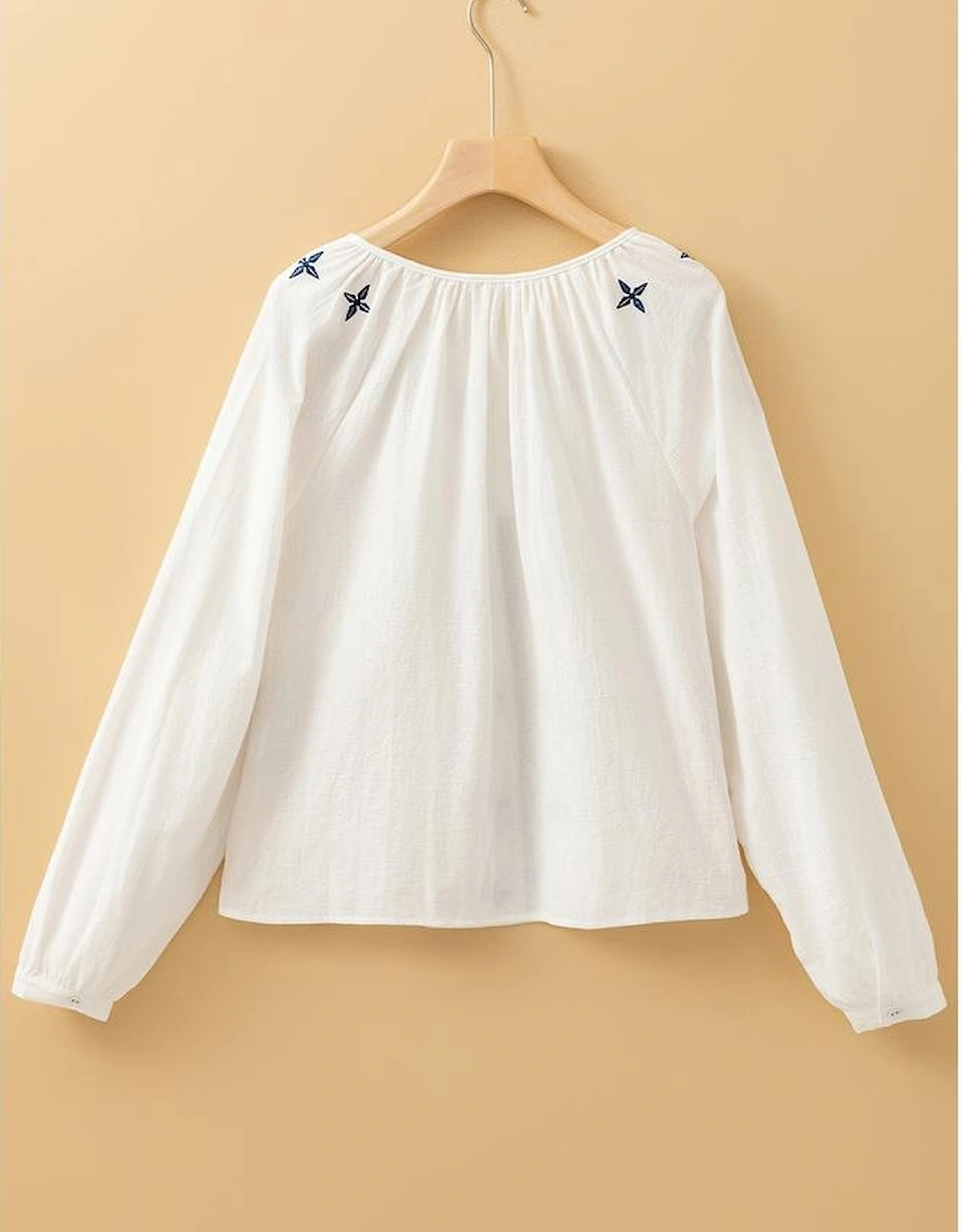 White Geometric Embroidered Long Sleeve Buttoned Blouse