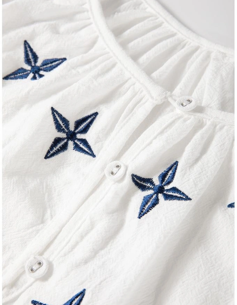 White Geometric Embroidered Long Sleeve Buttoned Blouse