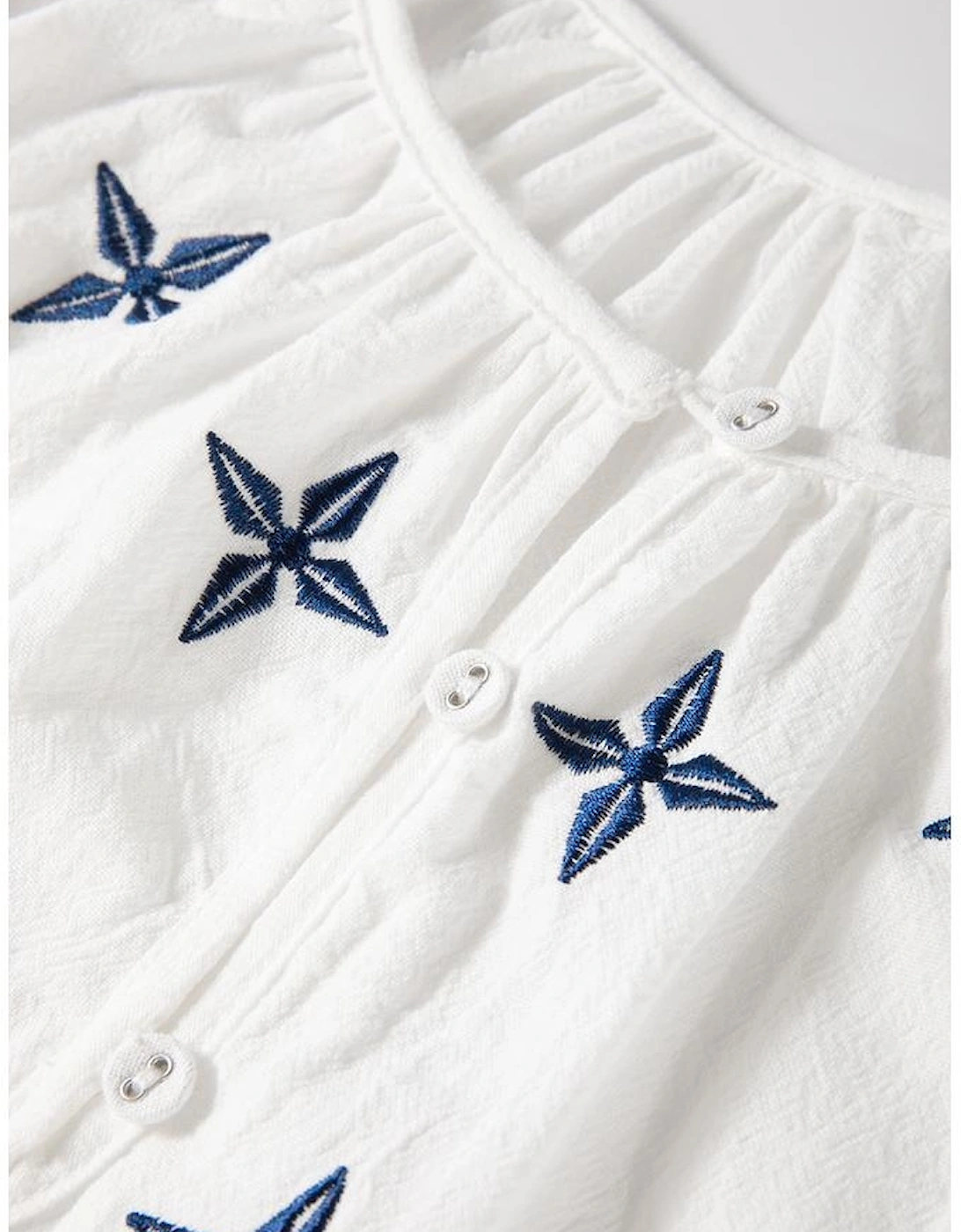 White Geometric Embroidered Long Sleeve Buttoned Blouse