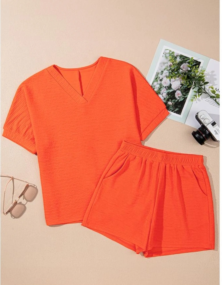 Orange Textured V Neck T Shirt and Shorts Set