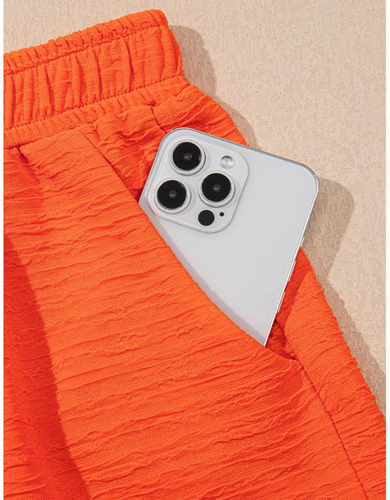 Orange Textured V Neck T Shirt and Shorts Set