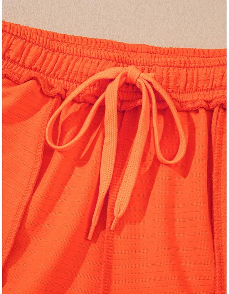 Orange Textured V Neck T Shirt and Shorts Set