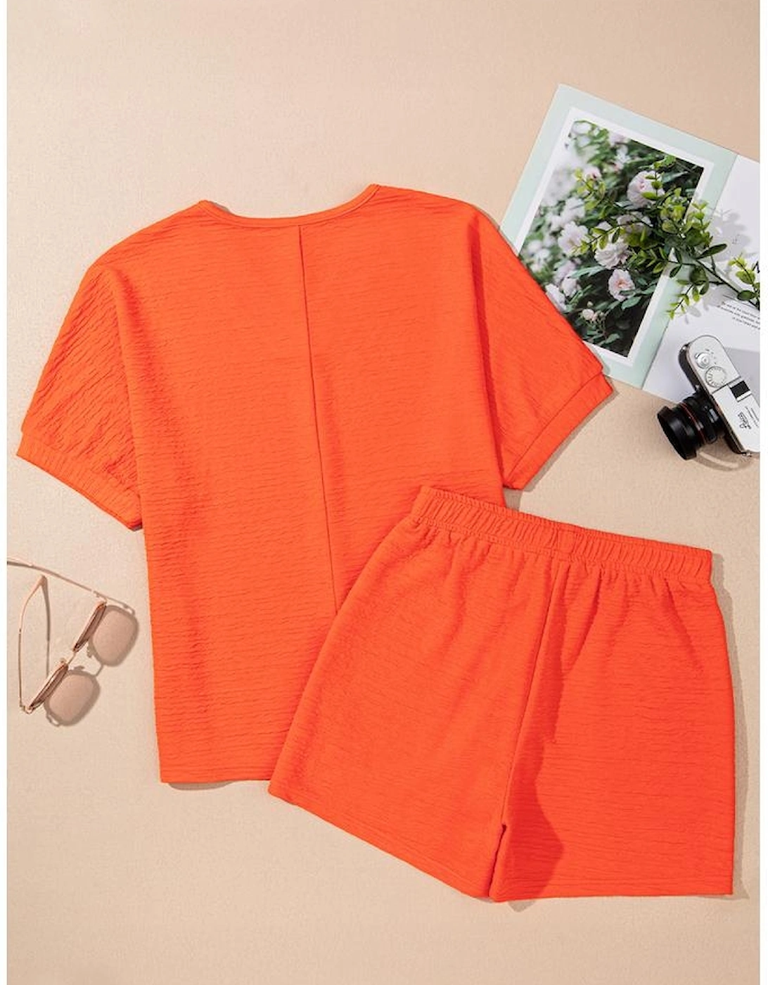 Orange Textured V Neck T Shirt and Shorts Set