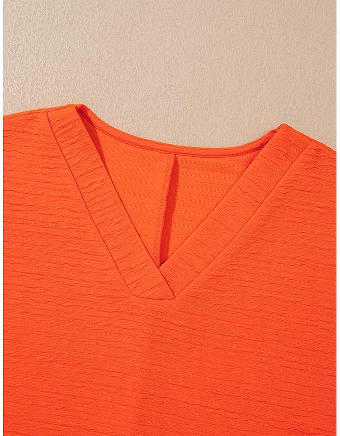 Orange Textured V Neck T Shirt and Shorts Set
