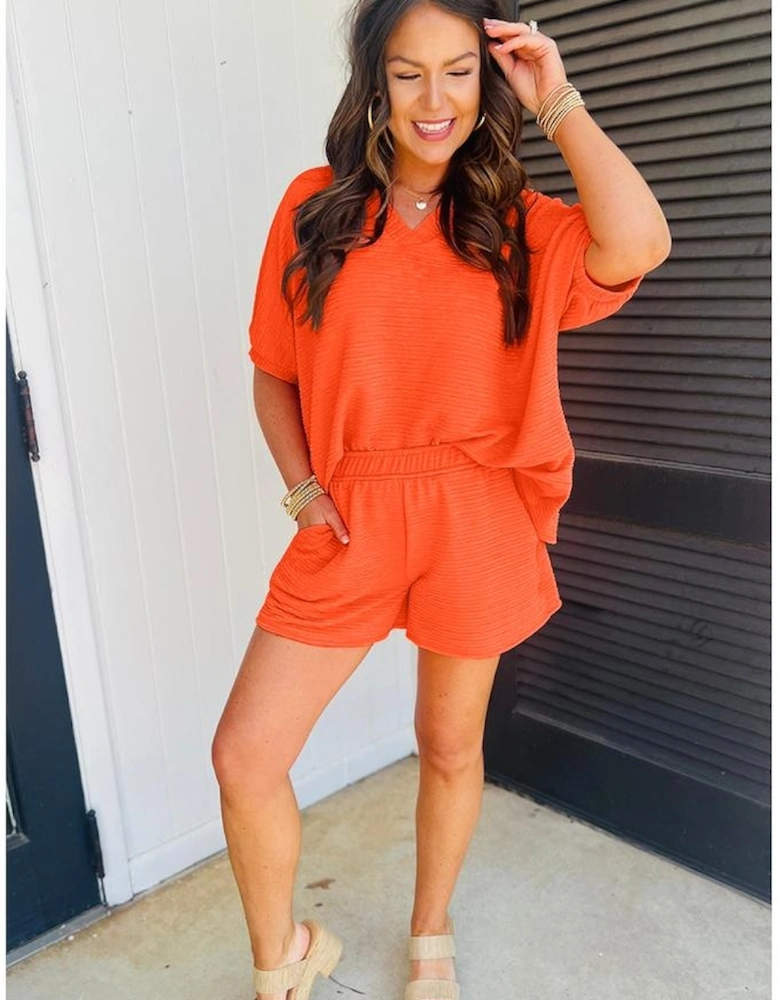 Orange Textured V Neck T Shirt and Shorts Set