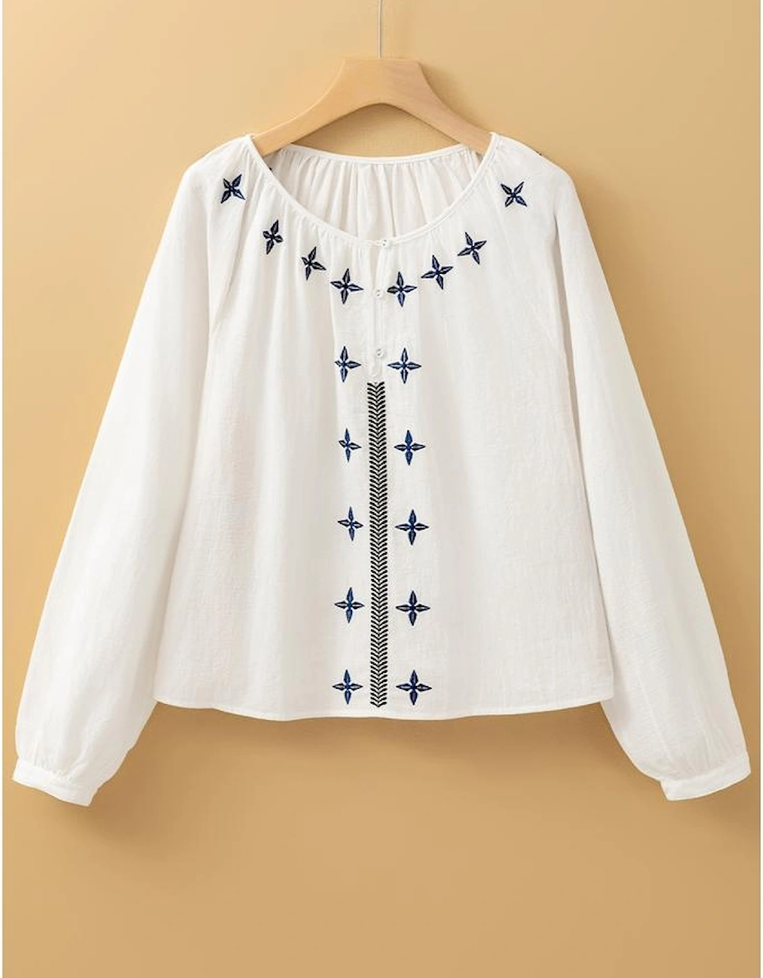White Geometric Embroidered Long Sleeve Buttoned Blouse