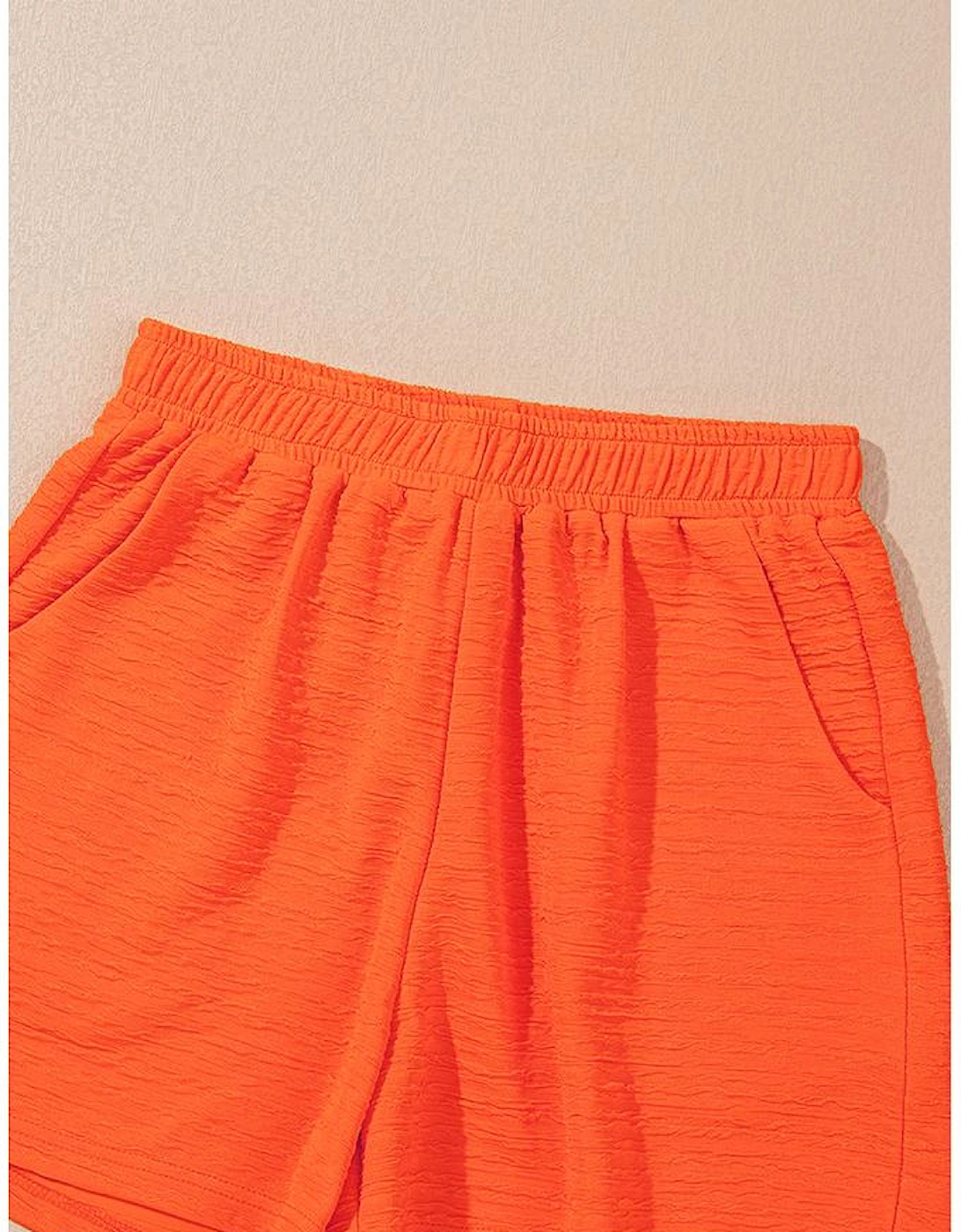 Orange Textured V Neck T Shirt and Shorts Set