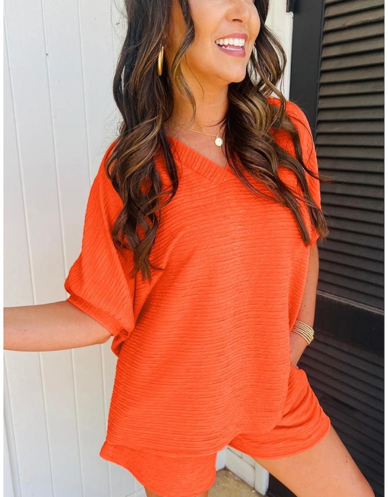 Orange Textured V Neck T Shirt and Shorts Set